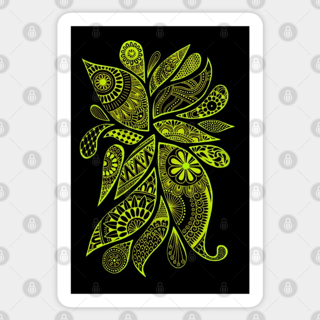 Abstract Zentangle Swirls Design (yellow-green on black) Sticker by calenbundalas